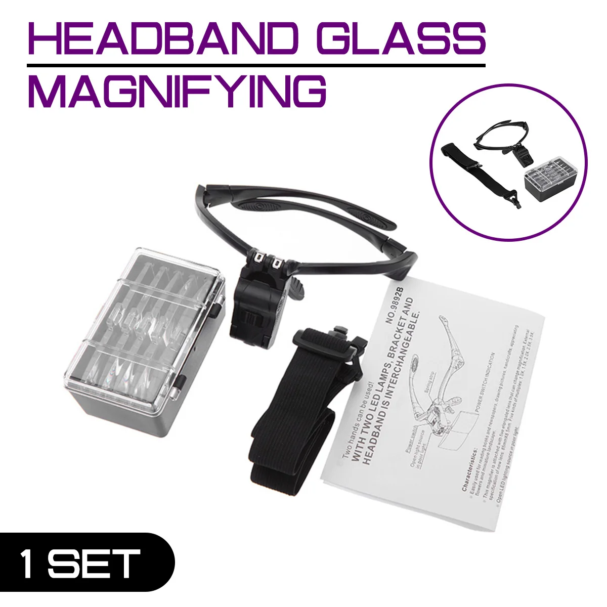 

Magnifier 5PC Headband Magnifying Glass Eye Repair 9892B 2 LED Light 1.0/1.5/2.0/2.5/3.5X Glasses Loupe Optical Lens