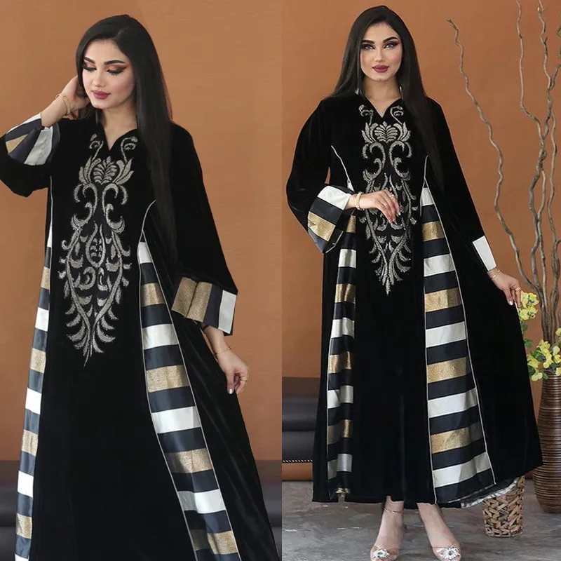 

Fashion Hijab Dress Embroidery Velvet Abaya Dubai Kaftan Islamic Clothing Eid Muslim Ramadan Vestidos Women Modest Long Robe