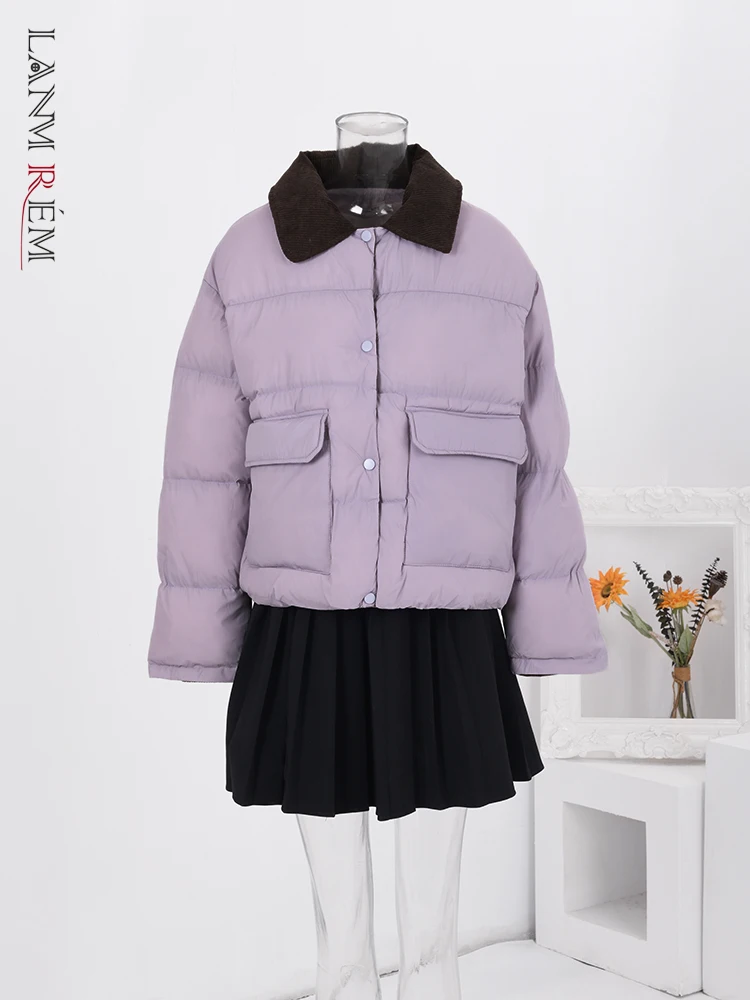 

LANMREM Winter Korean Short Down Coat Women Contrast Color Lapel Pockets Single Breasted Warm Jackets 2023 New Clothing 32C408