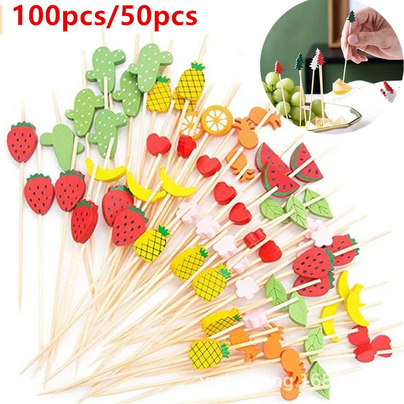 

50/100Pcs Creative Disposable Fruit Fork Multi-style Bamboo Stick For BBQ Dessert Sandwich Food Fork Table Decoration Supplies