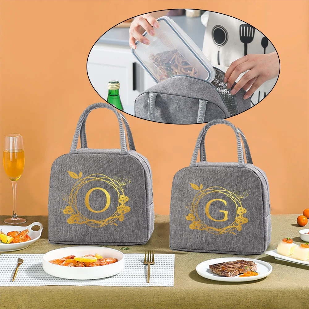 

Lunch Bag Women's Insulated Cooler Box Kids Food Thermal Dinner Bags Organizer Handbags Wreath Letter Print Canvas Storage Pouch