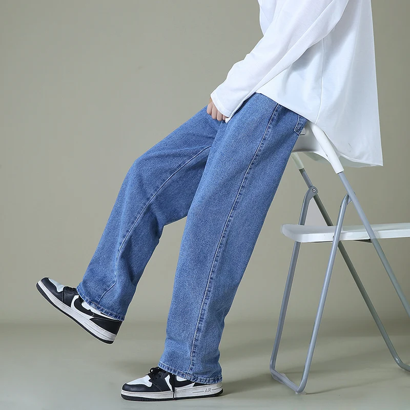 2022 Autumn New Men's Black Denim Wide-leg Pants Streetwear Straight Loose Elastic Waist Jeans Korean Style Trousers Male