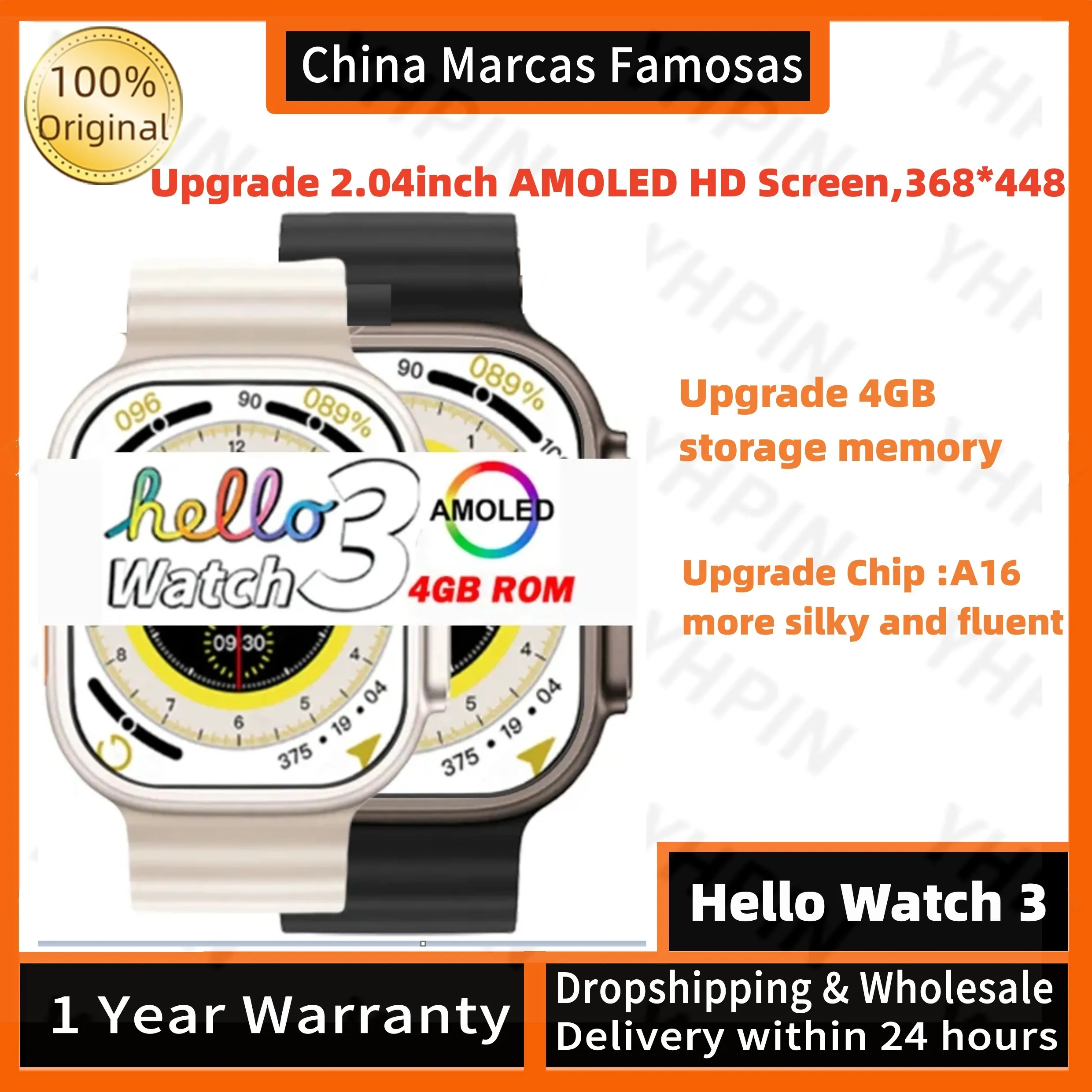 New Amoled Screen Smart Watch Hello Watch 3 Bluetooth Call 4GB ROM Local Music Compass Men Women SmartWatch Pk Hk8 Pro Max