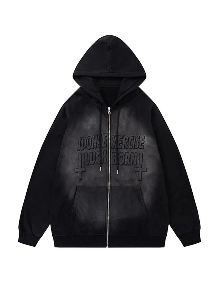 

QWEEK Gothic Grunge Letter Print Black Hoodie Women Oversize Hippie Streetwear Punk Blue Zip Up Sweatshirt Harajuku Emo Goth Top
