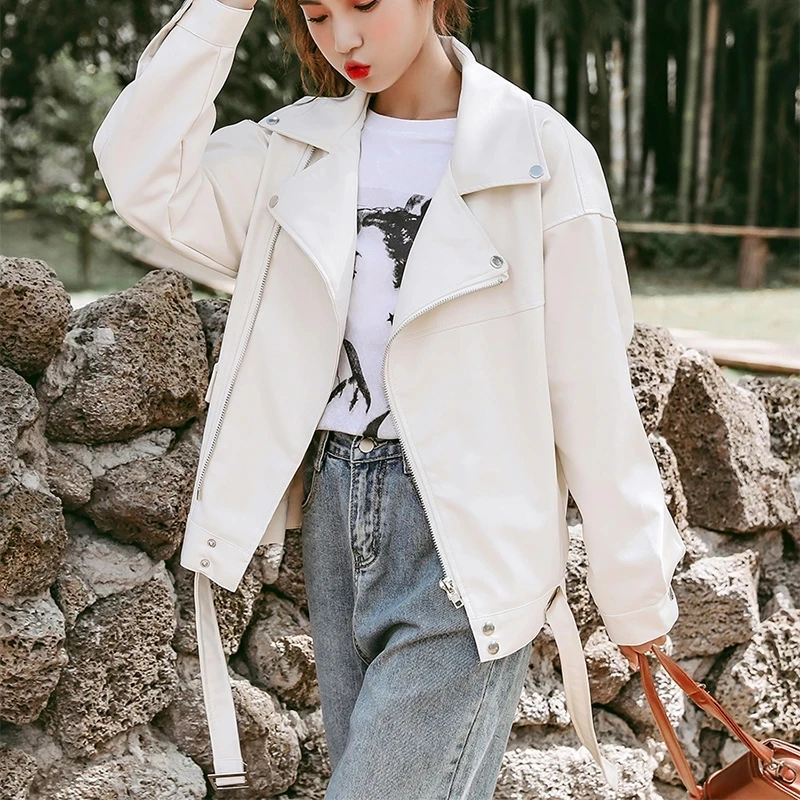 

2021 New Spring/Autumn Women PU Leather Motorcycle Jacket Female With Belt Solid BF Wind Jackets Ladys Loose Casual Jacket