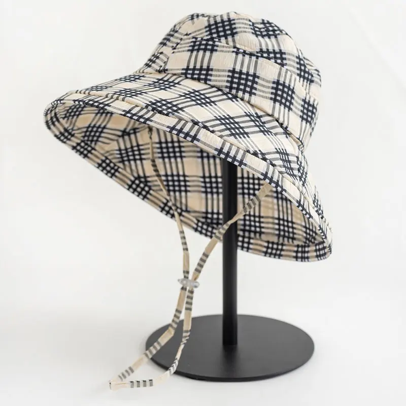 

10cm Wide Brim Checked Summer Sun Hats for Women Girls Outdoor Sun Protection Fisherman Cap Girls Casual Plaid Bob Panama Hat