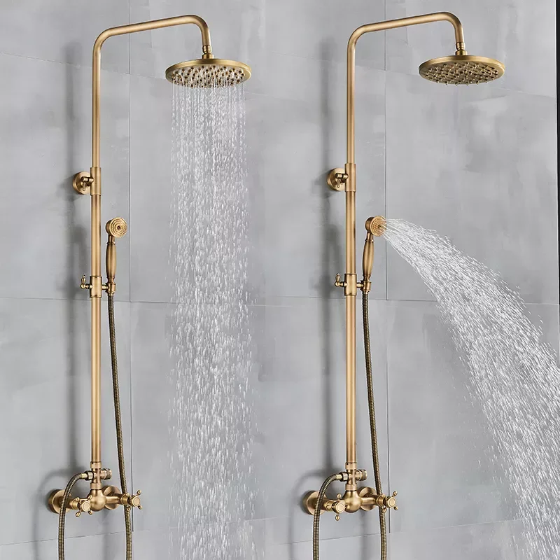 

Antique Brass Shower Faucets Set Wall Mount Antique Brass Shower Kit Dual Knobs Mixer Tap Handheld Spray Bathtub Kit