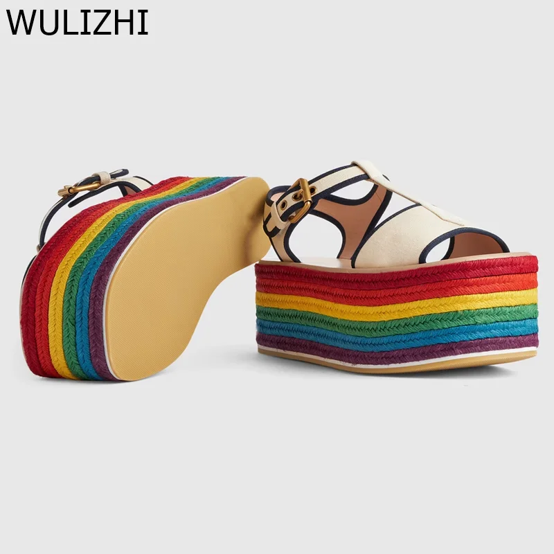 Women Rainbow Boost Platform Espadarille Sandals Open Buckle Nylon Strap Flats Casual Mixed Colors Graffiti Fashion Sewing Shoes