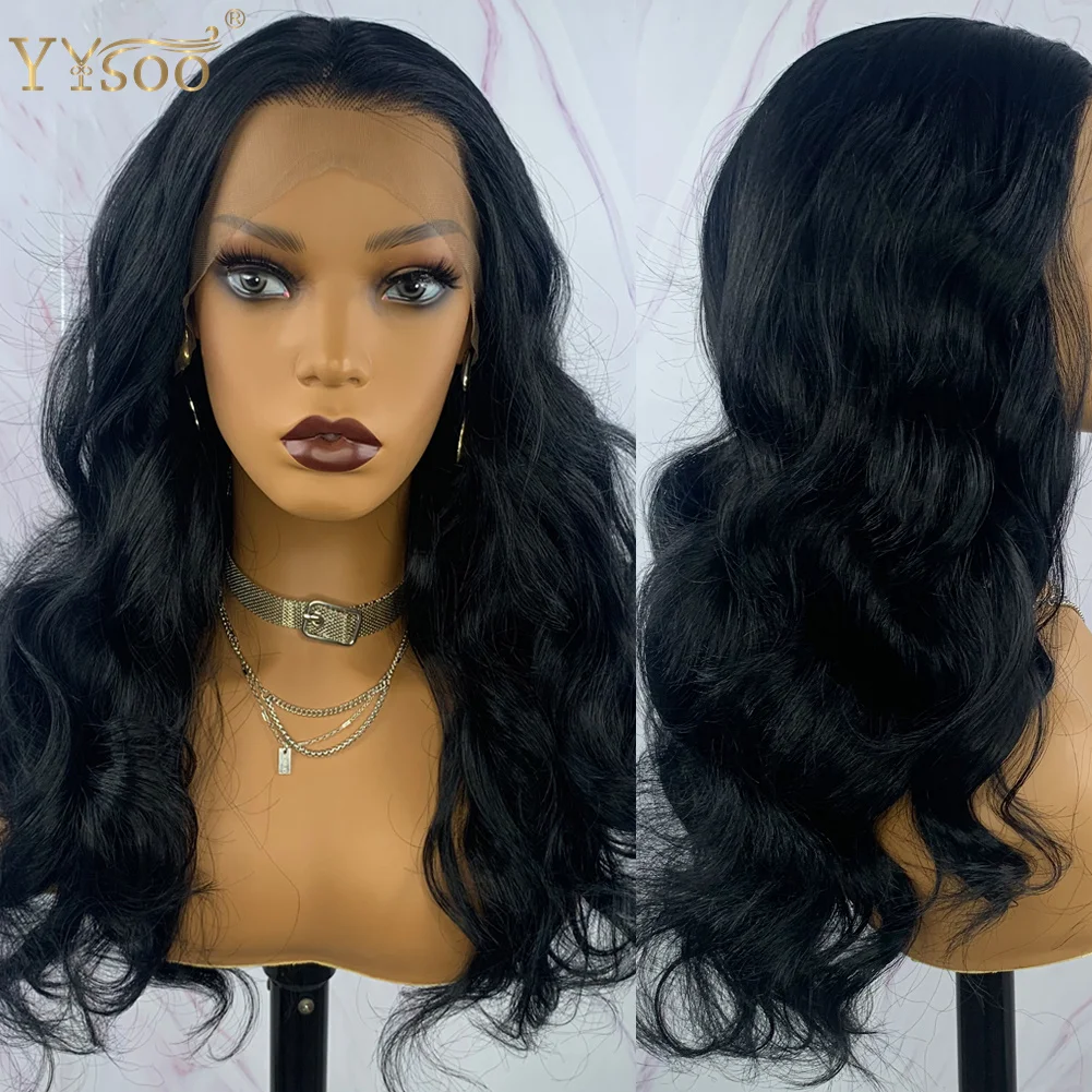YYsoo Long Black Body Wave 13x4 Lace Front Synthetic Wig Pre Plucked Futura Heat Resistant Hair Fiber  Wigs for Black Women