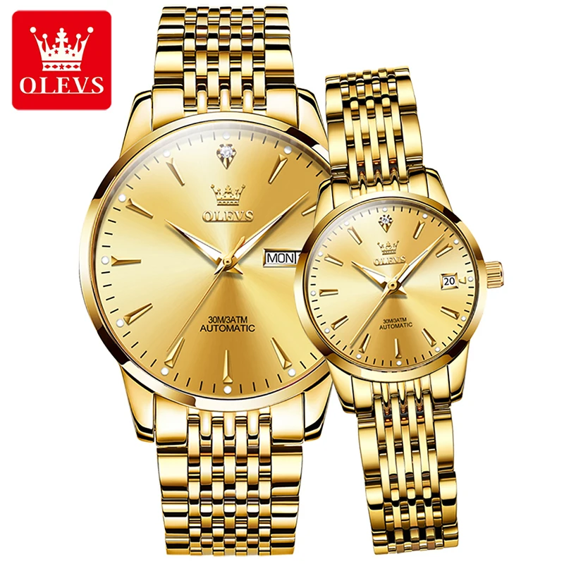 OLEVS Fashion Simple Thin Couple Watch Multifunction Calendar Week Display Automatic Waterproof Luminous Mechanical Watches 6635