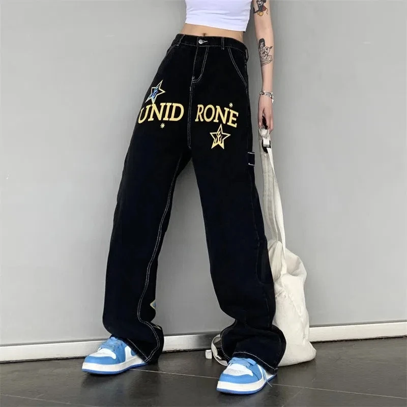 New Y2k Retro Printing Alphabet Men'S Jeans Printing American Straight Casual Jeans Men And Women Hip-Hop Trend Loose Trousers