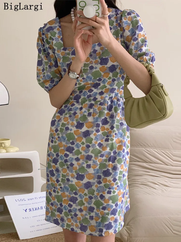

Summer Print Floral Dress Women Korean Square Casual Sweet Ladies Dresses Elegant Chic Tie Slim Woman Dress 2023 Vestidos