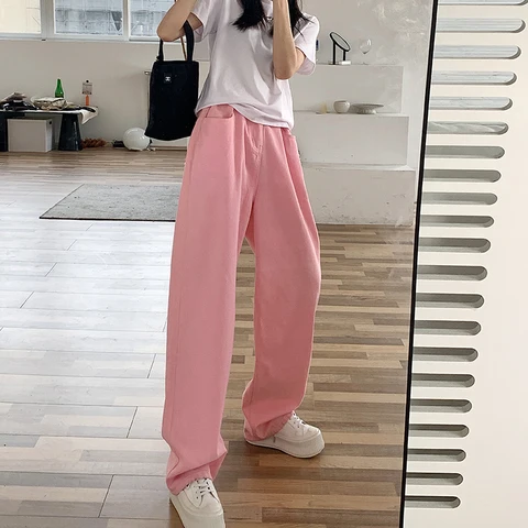 Pink Women Jeans 2022 New Loose Colorful Wide Leg Brown High Waist Straight Pants Women's Casual Pants Denim Femme Trousers