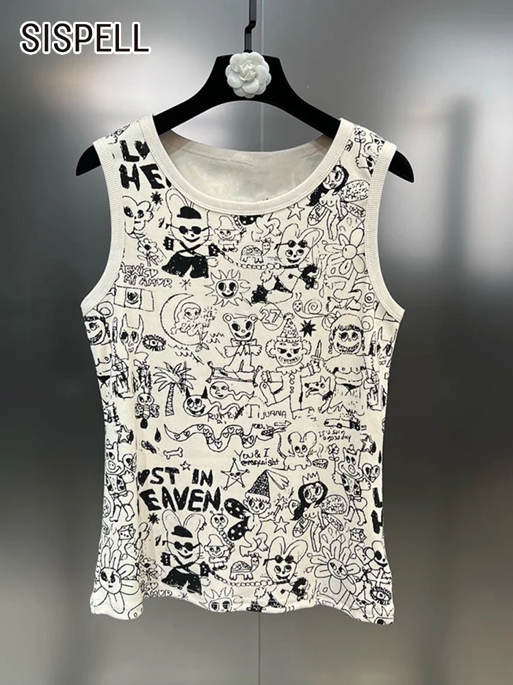 

SISPELL Hit Color Cartoon Printing Vest For Women Round Neck Sleeveless Slimming Summer Casual Tops Female Fashion Clothing New