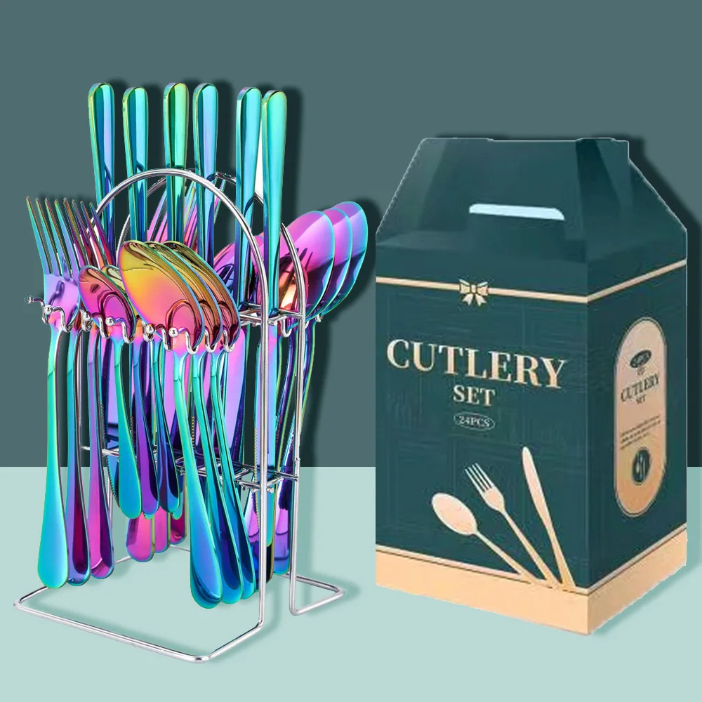

24/16pcs Rainbow Flatware Cutlery Set Gold Dinner Spoon Fork Knife Set Stainless Steel Dinnerware Tableware Set Dishwasher Safe