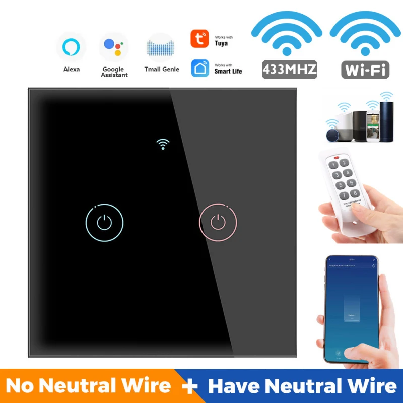 

Szaoju Tuya WiFi Touch Switch Wall Smart Light Switch 1/2/3 Gang Zero/Single Fire Line Smart Life Alexa Google Home 433RF Remote