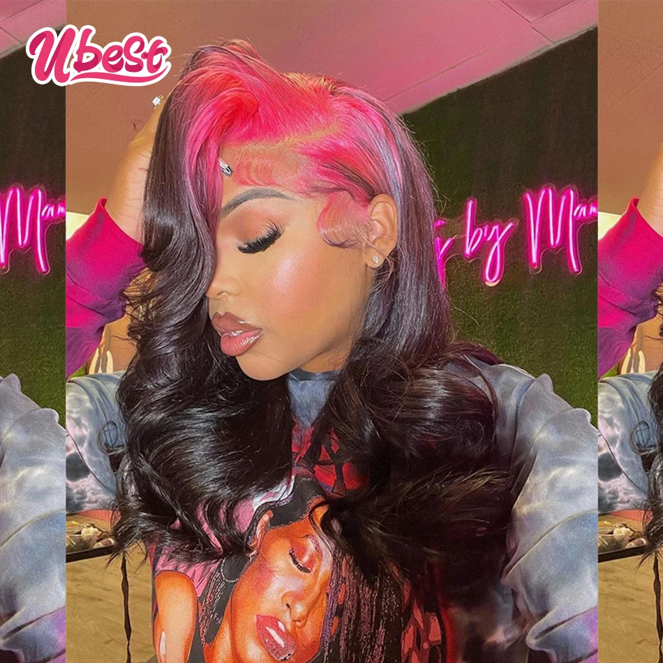 

180 плотность розовый Хайлайтер с черным волнистым париком бразильские человеческие волосы парики предварительно выщипанные 13x6 кружевные ф...