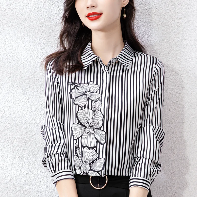 

Satin Shirt Women's Chiffon Striped Blouses Printed Ladies Long Sleeve Tops Neck Button Basic Fashion Street Style Harajuku 2022