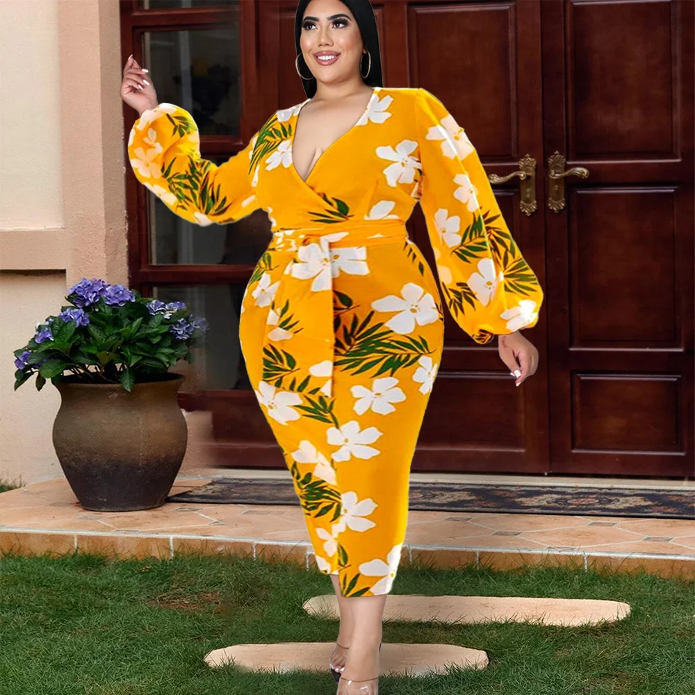 

Plus Size Dress 2022 Summer New V-neck Bubble Sleeve Print With Belt Slit Slim Fit Bag Hip High Elastic Pencil Skirt Dress Women
