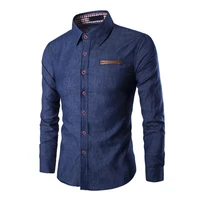 men shirt solid color single breasted spring autumn plaid patchwork slim fitting jeans shirt for office