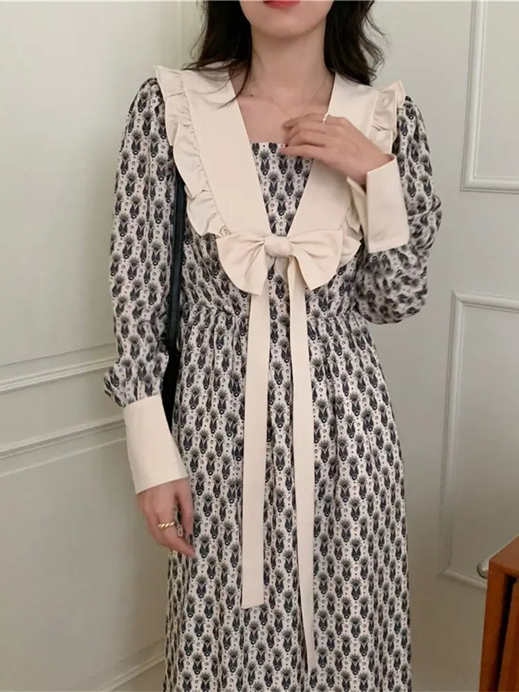 

Alien Kitty French Vintage Bow Long Dress Florals Ruffles Sweet Gentle 2022 Full Sleeves Hot Office Wear Party New Vestidos