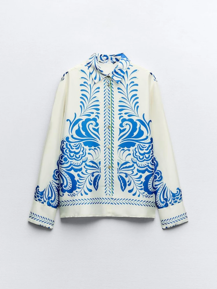 Zbza Женская Атласная Рубашка С Принтом И Широкие Брюки Комплект Высокой Талией