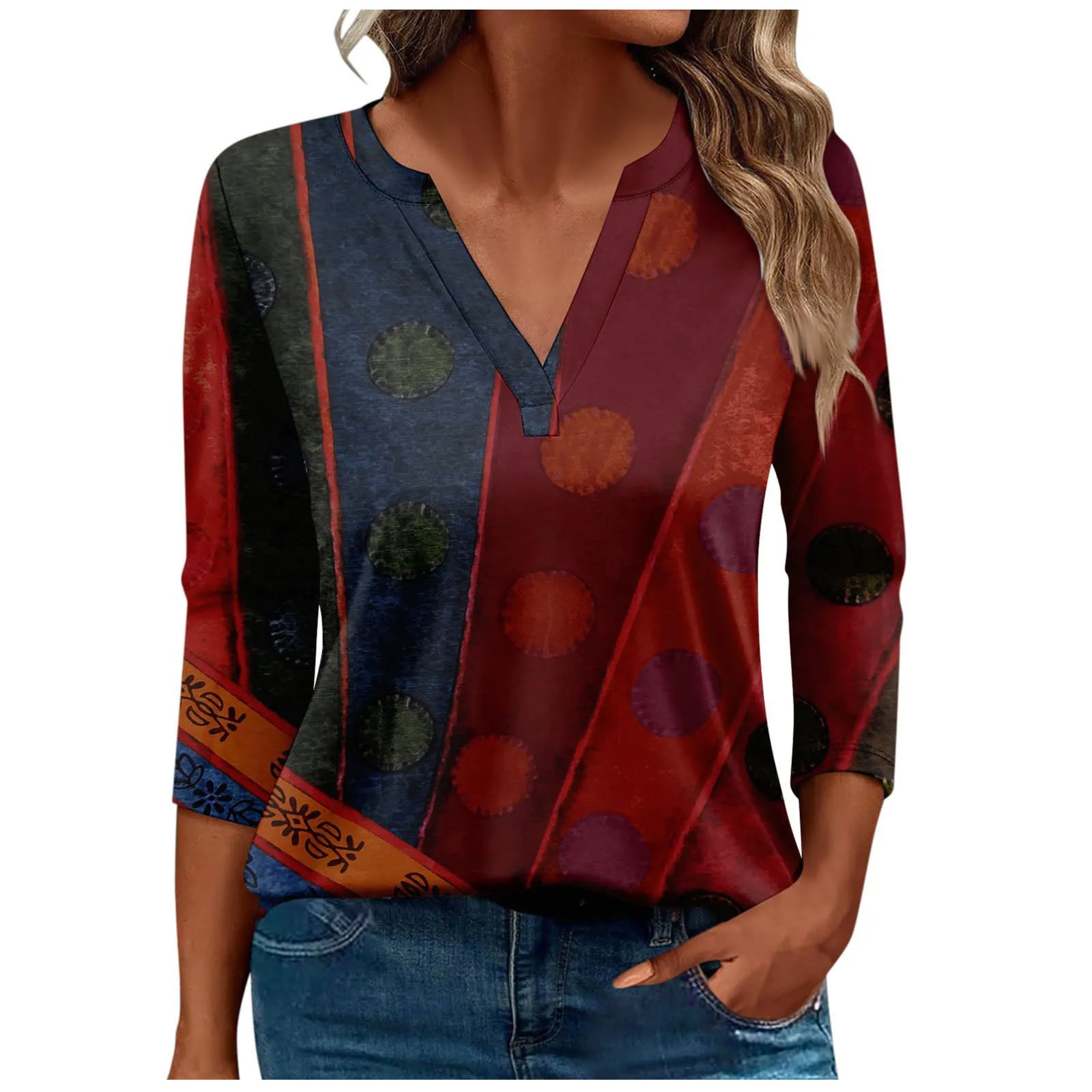 Модная женская футболка с v-образным вырезом и тремя четверками длинным рукавом