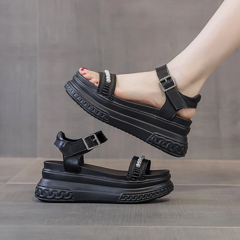 Pearls Deco 7cm Platform Design  Women Wedge Sandals Genuine Leather Buckle Women Breathable Slippers Summer Ladies Chunky Shoes