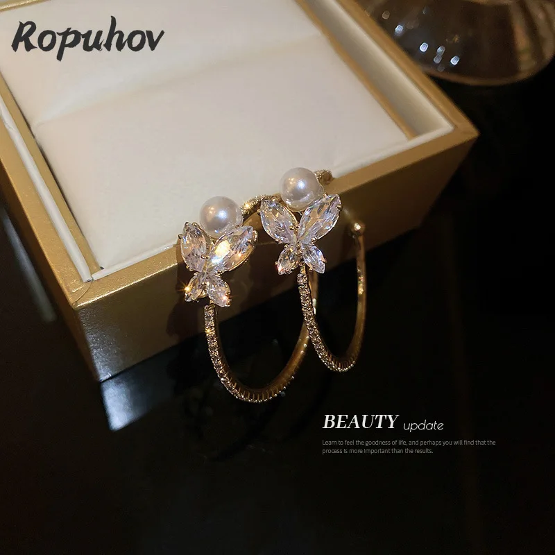 

Ropuhov 2022 New Woman Silver Needle Pearl Diamond Butterfly European American Temperament Simple Exaggerated Metal Earrings