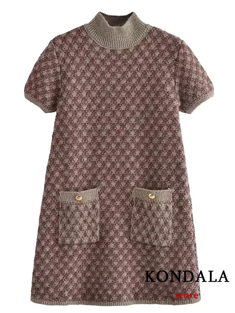 

KONDALA винтажное повседневное шикарное женское платье с коротким рукавом карманами воротником-стойкой трикотажный свитер Vestidos мода 2022 осенн...