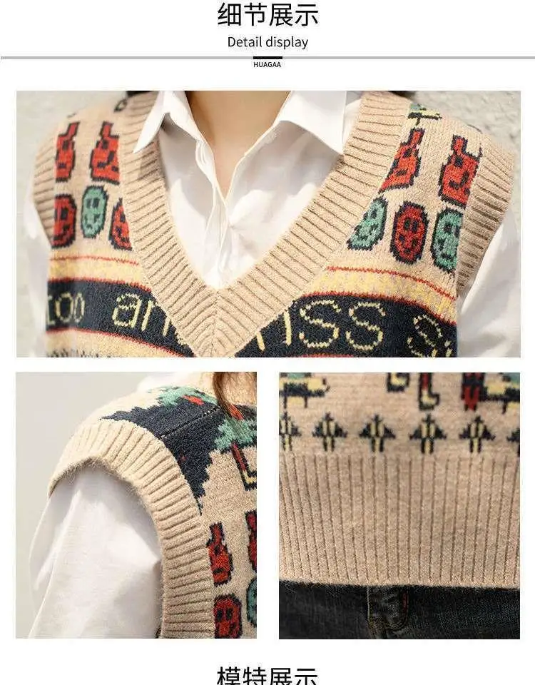 Fashionable Retro Vest Women's Autumn and Winter Outerwear New Loose V-neck Sleeveless Sweater Knitted