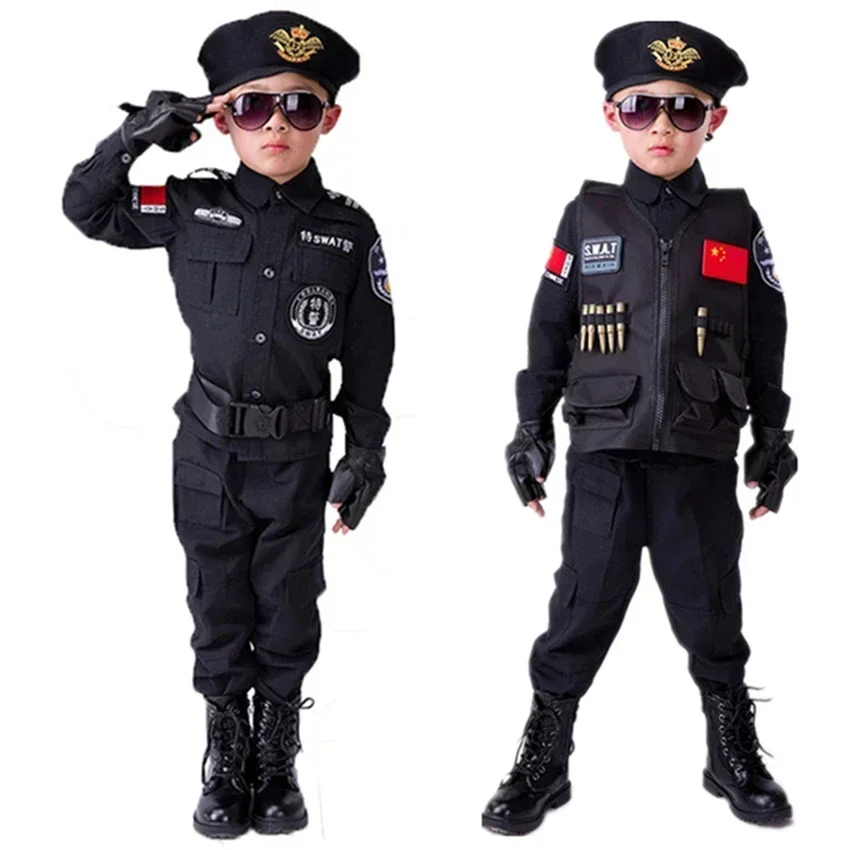 Фото Politieagenten Kostuums Jongens Spe Aces Politie Uniform Kinderdaggeschenk Leger Lange Mouw Jas HandschoenenCosplay №1