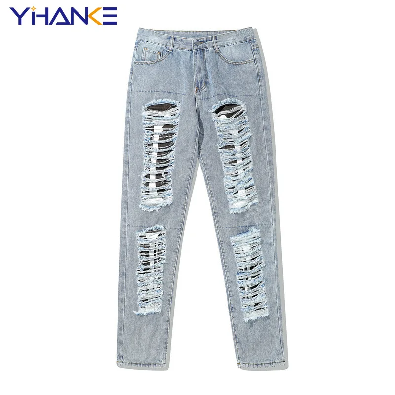 YIHANKE Smiley Face Embroidery Hole Ripped Retro Men Pencil Jean Trouser Punk Hip Hop Slim Denim Pants Streetwear Pantalon Homme |