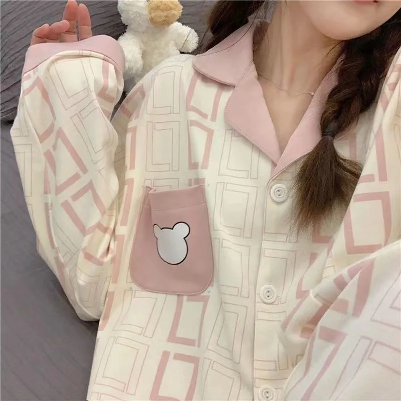 

Women Pyjamas Sets Winter And Autumn Stripe Pink Bear Printing Pyjamas Women Clothing Pajamas Long Sleeve Pijamas Sleepwear
