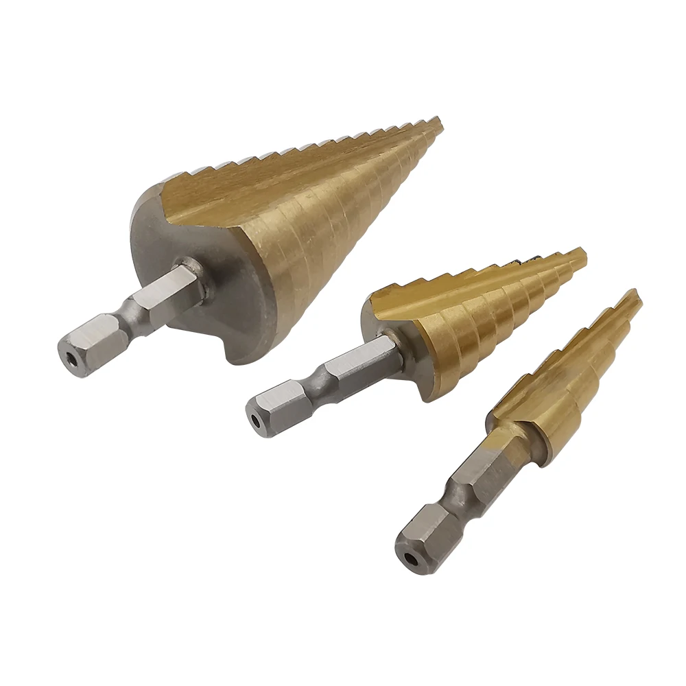 

3Pcs Step Drill Bit HSS 4-12mm 4-20mm 4-32mm Straight Groove Titanium Coated Metal Wood Hole Drilling Tools Cone Drills Bits Set