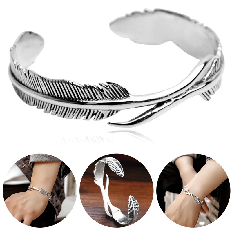 

Personality Vintage Feather Open Cuff Bracelet for Men Adjustable Bangle Jewelry Wrist Gift Valentines Day Gift for Boyfriend