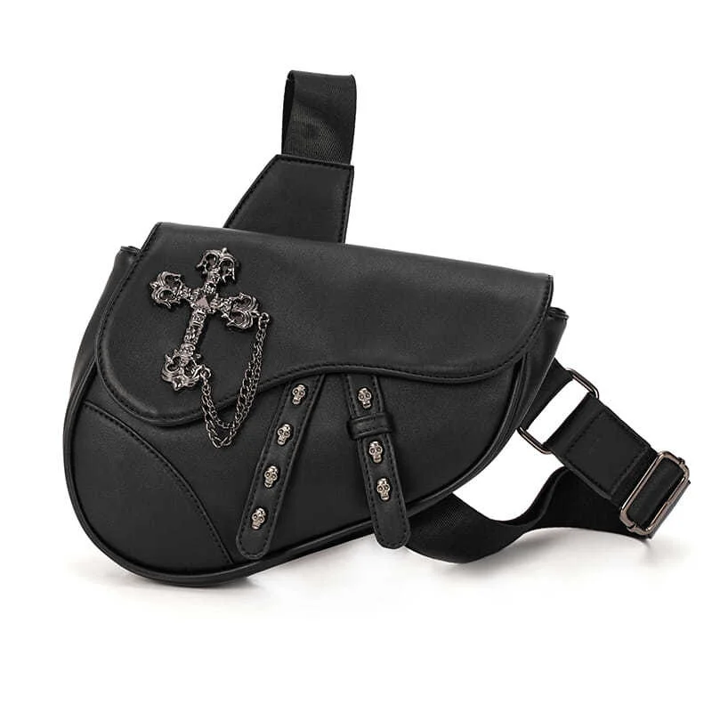 

2023 Techwear Pu Leather Gothic Corss Rivet Crossbody Chest Bags Waist Belt Women Banana Sling Bag Fanny Pack For Men Banane