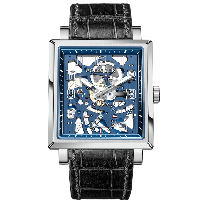 

AGELOCER Street Fashion Blue Dial Design Hollow Skeleton Watch Men Watch Top Brand Luxury Manual Mechanical