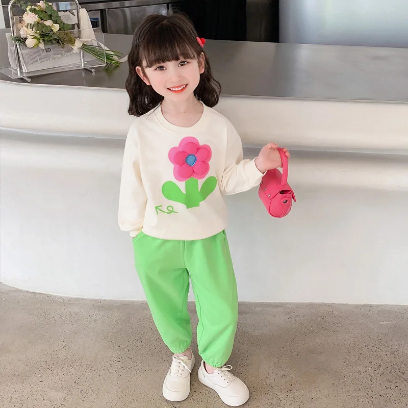 

Комплекты одежды для маленьких девочек, Детская футболка с цветочным рисунком и штаны, костюм из 2 предметов, весенний костюм принцессы, детская повседневная спортивная одежда