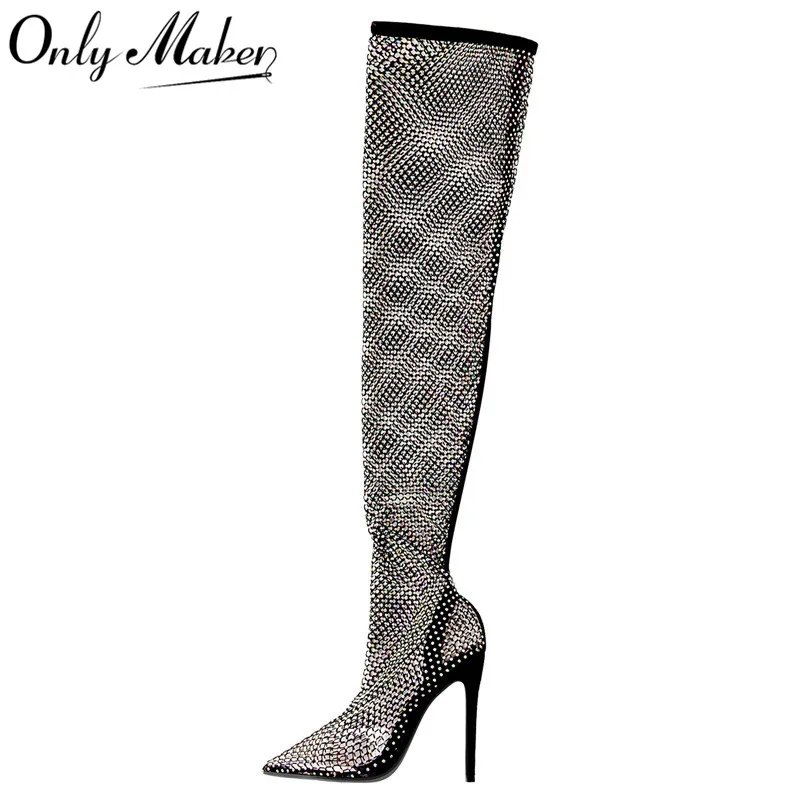 

Onlymaker Summer Ladies Mesh Sandals Slip-On Knee High Thin High Heels Bling Sexy Black Apricot Fashion Shoes Big Size Boots