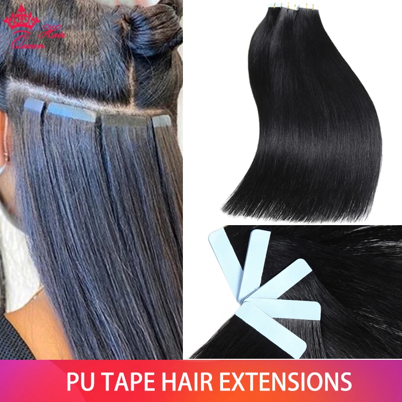 Queen Hair Products Straight PU Skin Weft Hand Tied Tape In Adhesives Virgin Human Hair Extensions Invisible Seamless Tape