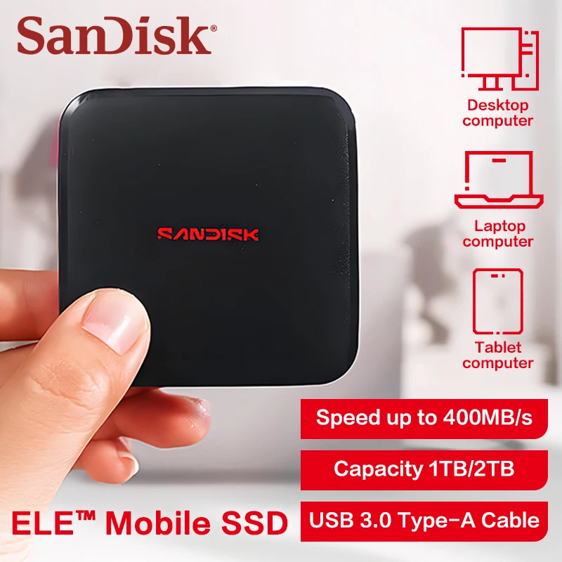 Фото Портативный SSD-накопитель SanDisk ELE Mini 1 ТБ/2 ТБ с разъемами Type-A и Type-C для iPhone 15 PRO, планшетов и ПК, внешний твердотельный накопитель. №1