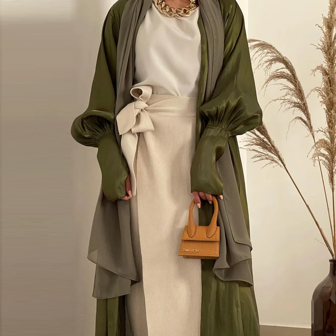 Open Abaya Kimono Muslim Hijab Dress Turkey Mushroom Sleeves Satin Abayas for Women Dubai Islam Outwear Kaftan Evening