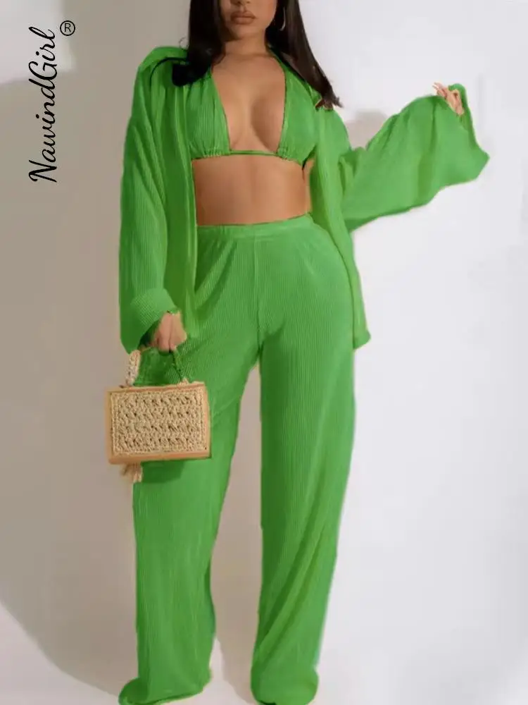 

Summer Casual Pleated Three-piece Set Women Oversized Vest Long Sleeve Shirt Wide Leg Pants Suit Female 2022 Fashion Lady Outfit