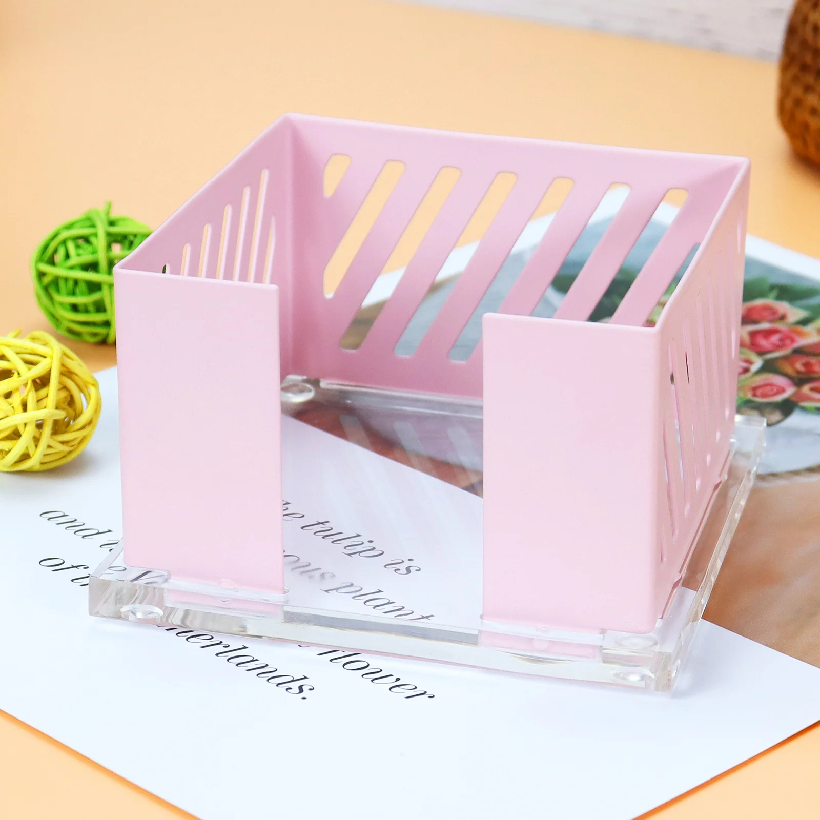 Desktop Office Accessories Sticky Note Holder Metal Frame Acrylic Base Cute Pink/Green Desktop Organizer