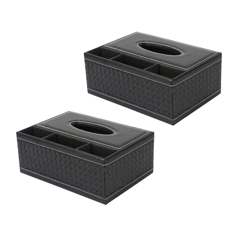 

2X Multifunction PU Leather Pen Pencil Remote Control Tissue Box Holder Desk Storage Box Container (Black 2)