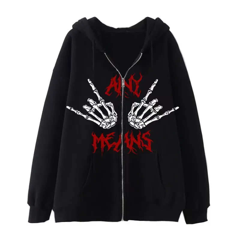 

High Street Hip-hop Oversize Funeral Bones Skeleton Dark Retro Hoodie Zipper Sweater Men and Women Tide y2k clothes goth tops