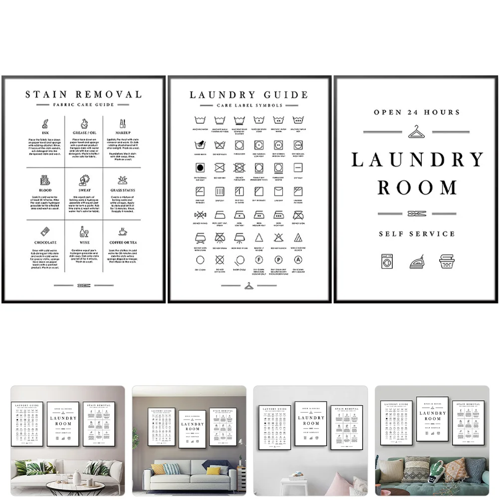 3 Pcs Laundry Room Poster Laundry Guide Wall Laundry Stain Removal Sign Laundry Wall Laundry Symbols Chart