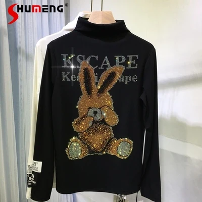 

Plus Velvet Warm High Collar Long Sleeve Shirt European Cartoon Bear Warm Shiny T-shirt Female Hot Drilling Flash Winter Tops