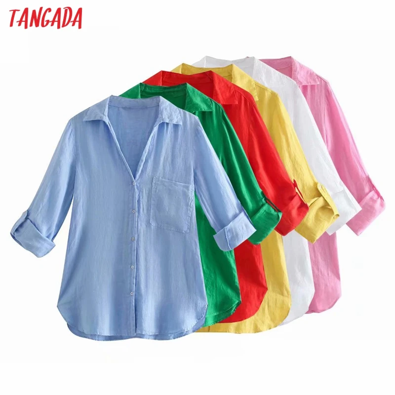 

Tangada Women Linen Shirts Long Sleeve Solid Turn Down Collar Elegant Office Ladies Work Wear Blouses 3H640
